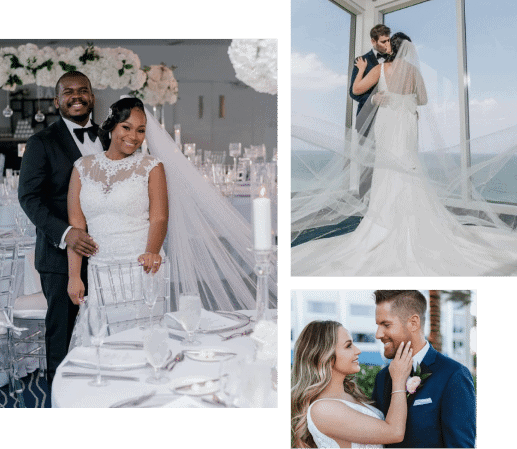 Collage of wedding couples posing by ocean backdrop.