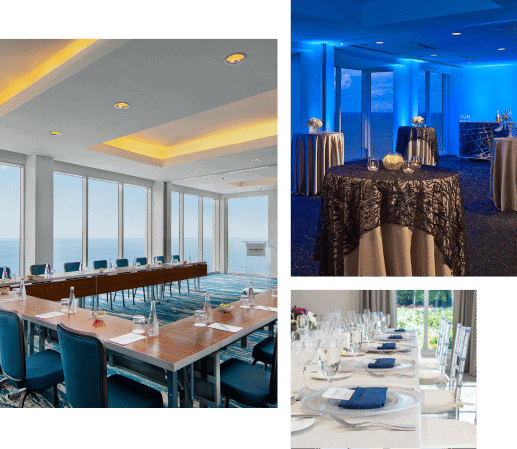 Collage of event setups with ocean view and lighting.