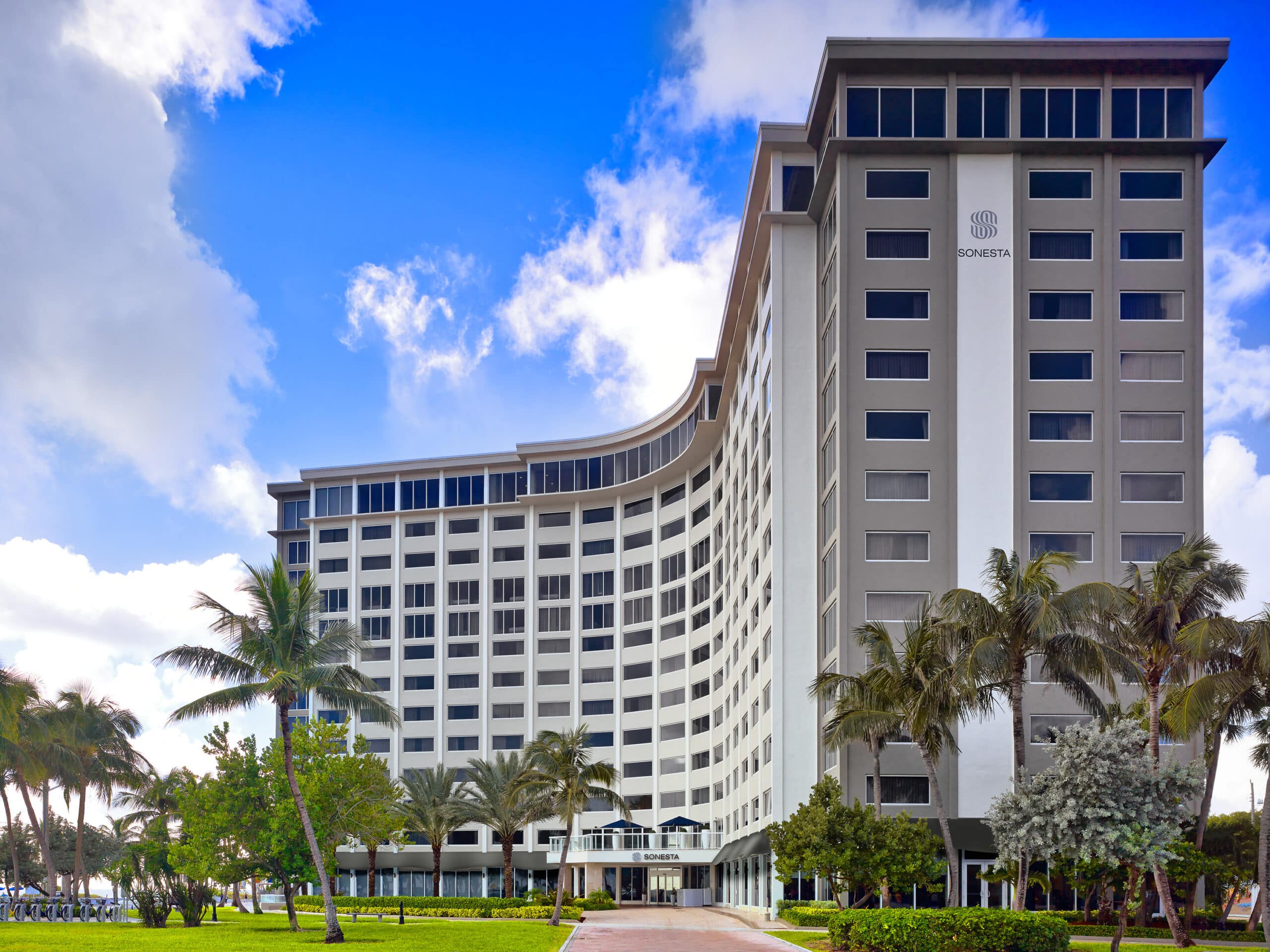 Fort Lauderdale Hotel from exterior view with blue sky.