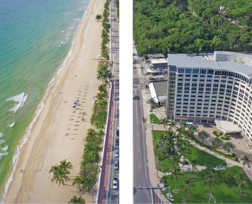 Split view of sandy beach and beachfront hotel building.